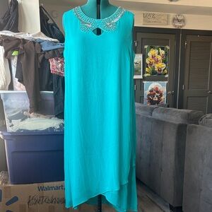 Denim 24/7 Turquoise Beaded Neck Asymmetrical Sleeveless Dress